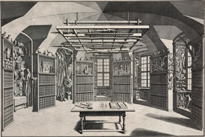Salomon Kleiner: View into the graphical collection in the south east tower, which was established by Abbot Bessel, 1738. Salomon Kleiner: View into the graphical collection in the south east tower, which was established by Abbot Bessel, 1738.